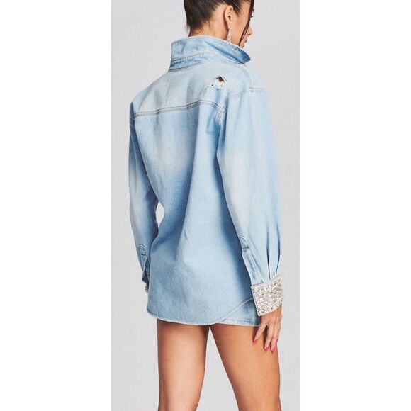 Retrofête Women's M Blue Denim Rhinestone Cuff Button-Up Shirt M - Picture 5 of 14